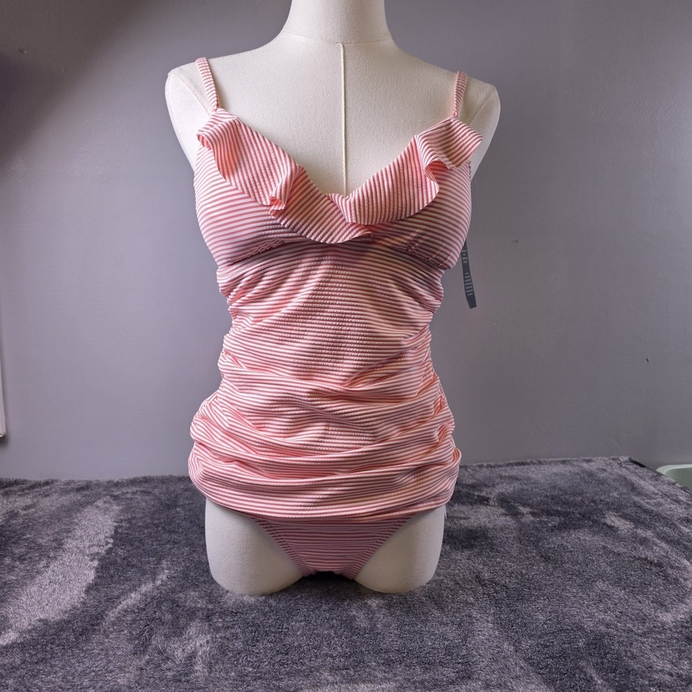 Ralph Lauren 2PC Swimsuit Seersucker Coral Pink Stripes Ruffle Trim Size 8